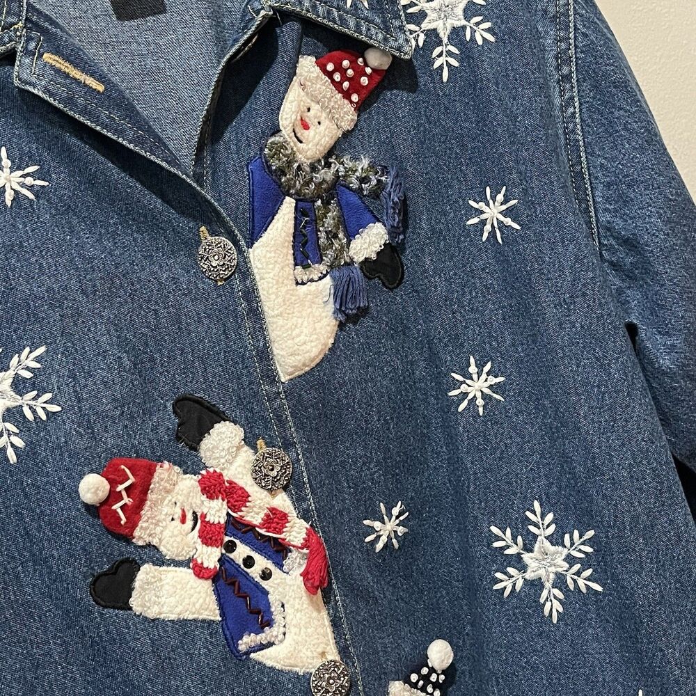 Vintage Tantrums Denim Jacket Womens Medium Embroidered Christmas Snowman Granny - Picture 4 of 9